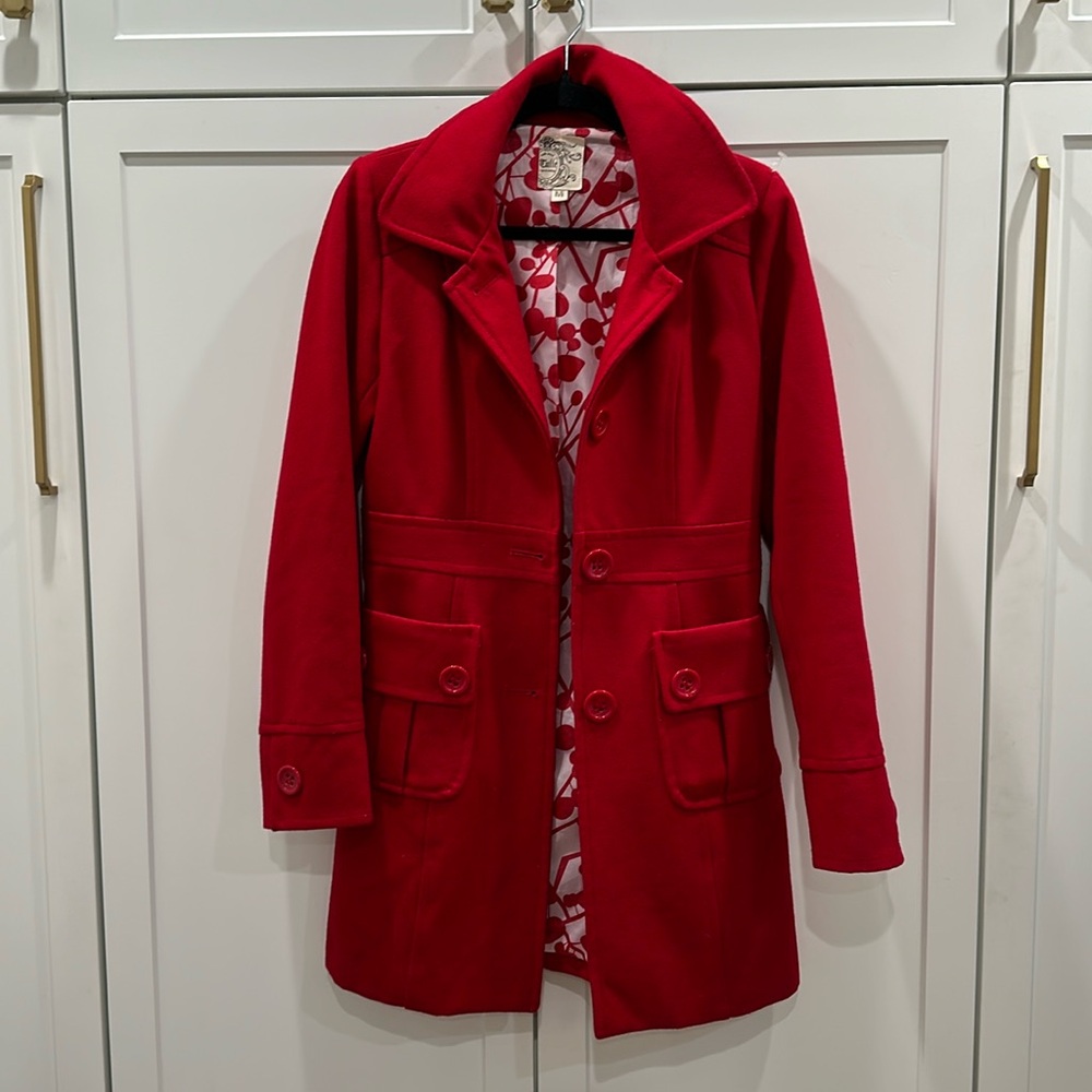 Anthropology brand Tulle red medium pea coat wool blend EUC